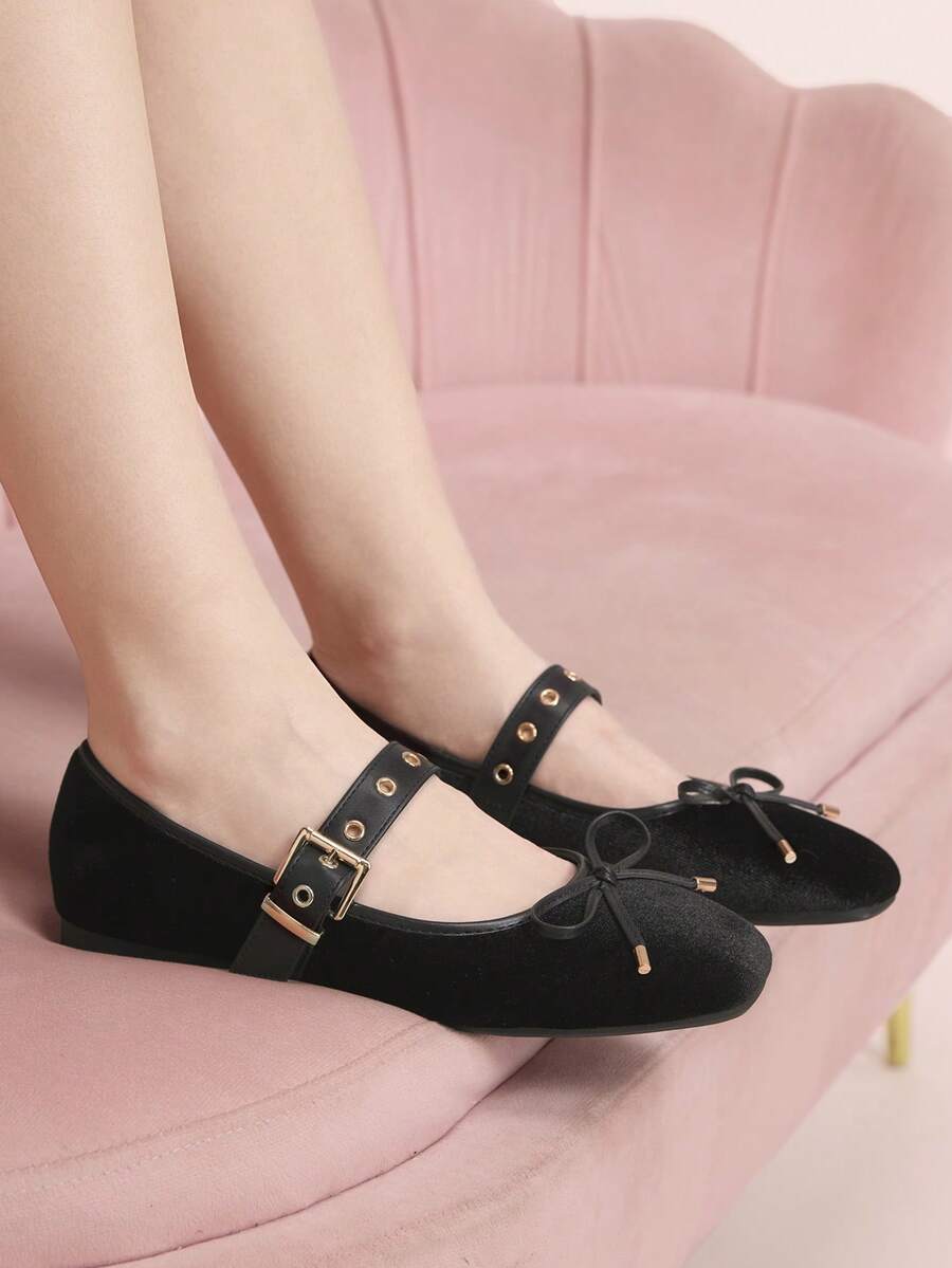 CUCCOO DOLLMOD Soft Bottom Velvet Metal Rivet Decorative Ballet Bow Flat Bottom Casual Mary Jane - Korean velvet black - View 1