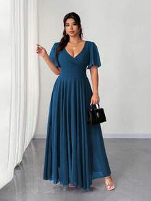 Elenzga Plus Size Women Chiffon Ruffle Sleeve V-Neck A-Line Dress, Simple Elegant Romantic Graceful Flowing Royal Blue Gown - Teal Blue - View 4