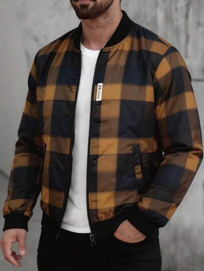 Manfinity Homme Chaqueta y abrigo casual de manga larga con bolsillo de parche de estampado a cuadros para hombre