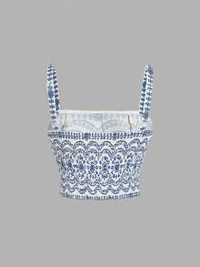 SHEIN MOD Women's Blue & White Floral Print Camisole And Skirt 2-Piece Set,Spring /Summer Outfits Women, Vacation Outfits Women,Party , Garden Party ,  Elegant Party, Wedding Guest Party Set,Going Out Outfits,Beach ,Summer Holiday Outfits ,Festival , Picnic,Birthday - Blue and White - View 9