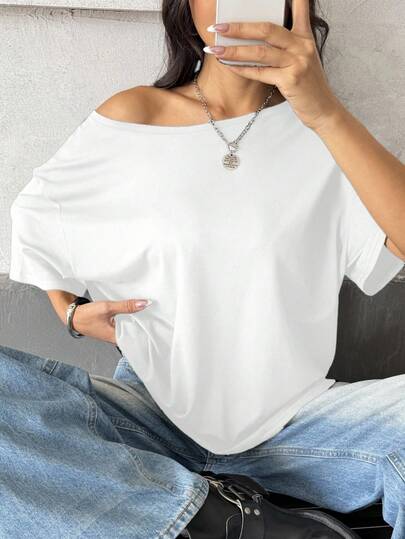 Flirla Camiseta Solta com Ombro Oblíquo, Camiseta Assimétrica com Ombro Caído, Top Feminina Plus Size