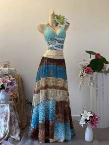 SuriyaCove Áo nữ không tay, cổ yếm, hở lưng, in họa tiết toàn thân, thích hợp cho kỳ nghỉ hoặc du lịch. - màu xanh lá - Xem 3