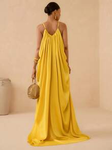 Vesra Spaghetti Strap Deep V-Neck Backless Pleated Draped Dress With Train, Sexy For Women - Yellow - View 2