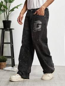 GALLERY FADE Men's Hiphop Street Fashion Rhinestone Embellished Luxury Washed Gray Straight Leg Wide Jeans - Dark Grey - View 6