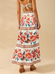 CAJUNI Jupe bohème d'été ample à taille haute avec imprimé floral pour femmes, idéale pour les vacances à la plage. Jupe longue fleurie pour le Nouvel An, la Saint-Valentin, les vacances d'été, le printemps, le carnaval, les fêtes, la plage, les occasions décontractées. - Beige - Voir 2