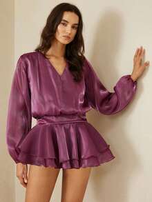 Aveloria Rosie New V-Neck Waist Design Elegant Glossy Hem Petal Sleeve Dress, Flattering Fit - Hot Pink - View 5