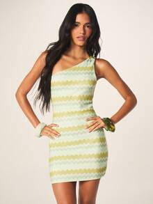 MISSGUIDED 钩针编织单肩锯齿条纹迷你连衣裙，不对称领口，春夏派对鸡尾酒会晚宴无袖修身款 - 彩色 - 查看 4