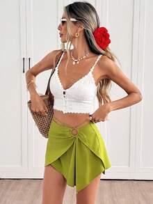 Women's Summer Beach Vacation Style Solid Color Metal Ring Waist Hollow Out Twist Asymmetrical Hem Skirt - Green - View 6