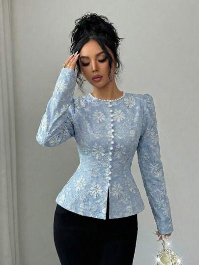 Elenzga Women's Jacquard Fabric New Spring/Autumn French Unique Chic High-End Luxurious Elegant Youthful Versatile Elegant Exquisite Graceful White Blouse, With Round Collar Pearl Decor, Front Button Placket, Slit Hem Design, Suitable For 20-35+ Women For Gatherings, Parties, Daily Commute, Graduation Season (Random Print)