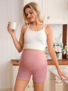 SHEIN Solid Color Minimalist Pleated Design Maternity Leggings - Pink - View 5