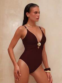 Swim Chiccia Women's One-Piece Swimsuit With Shell Metal Decor,V-Neck,Red,Summer,Elegant,Beach Party,Holiday Zestiva Yummy Control Bathing Suits Swimwear - Brown - View 5