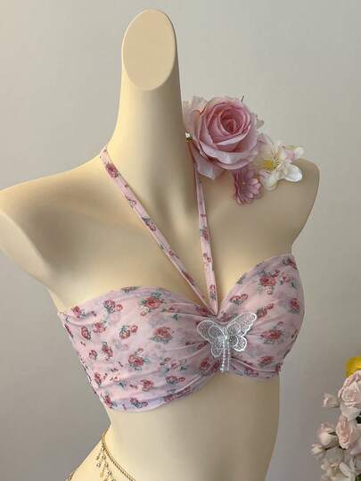 INAWLY Women's Floral Print Butterfly Decor Halter Backless Top