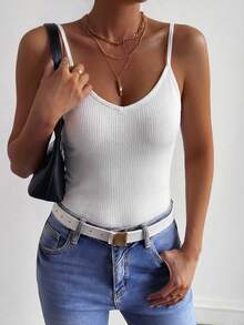 DAZY Women's Summer V-Neck Textured Fabric Fitted Camisole, Casual & Sexy - White - View 4