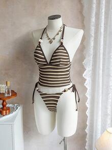 Swim Mod 春夏沙滩休闲条纹针织V领挂脖系带比基尼两件套泳衣 - 彩色 - 查看 6
