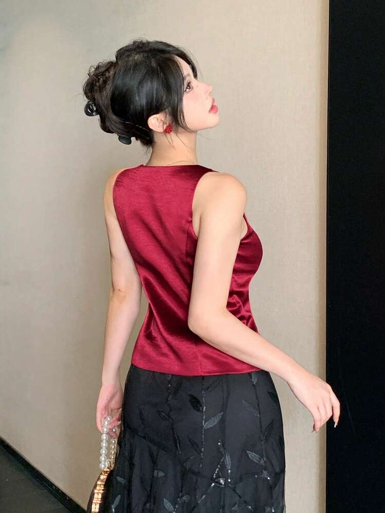 Women's Solid Color Bow Decor Sleeveless Crew Neck Top