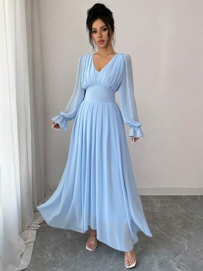 Elenzga Women's Elegant Chiffon V-Neck Ruffle Waist Swing Dress, Casual Romantic Vacation Outfit, Shallow Blue, Summer