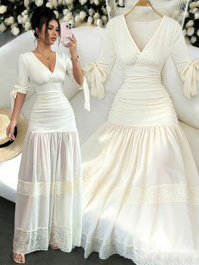 Elenzga 女士春夏新款优雅简约约会穿搭日常百搭通勤高端蕾丝拼接设计浅杏色深V领短袖连衣裙