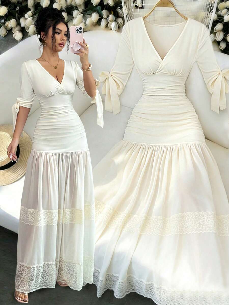 Elenzga Đầm nữ mùa xuân/hè mới, thanh lịch, sang trọng, tối giản, thích hợp cho hẹn hò, mặc hàng ngày, đơn giản, đi làm, thiết kế phối ren cao cấp, màu mơ nhạt, cổ chữ V khoét sâu, tay ngắn. - Màu be - Xem 1