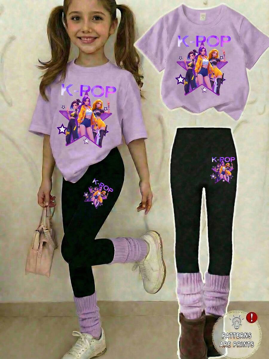 KPOP Girl Graphic Print Short Sleeve T-Shirt And Leggings Casual Outfit - Multicolor - View 1