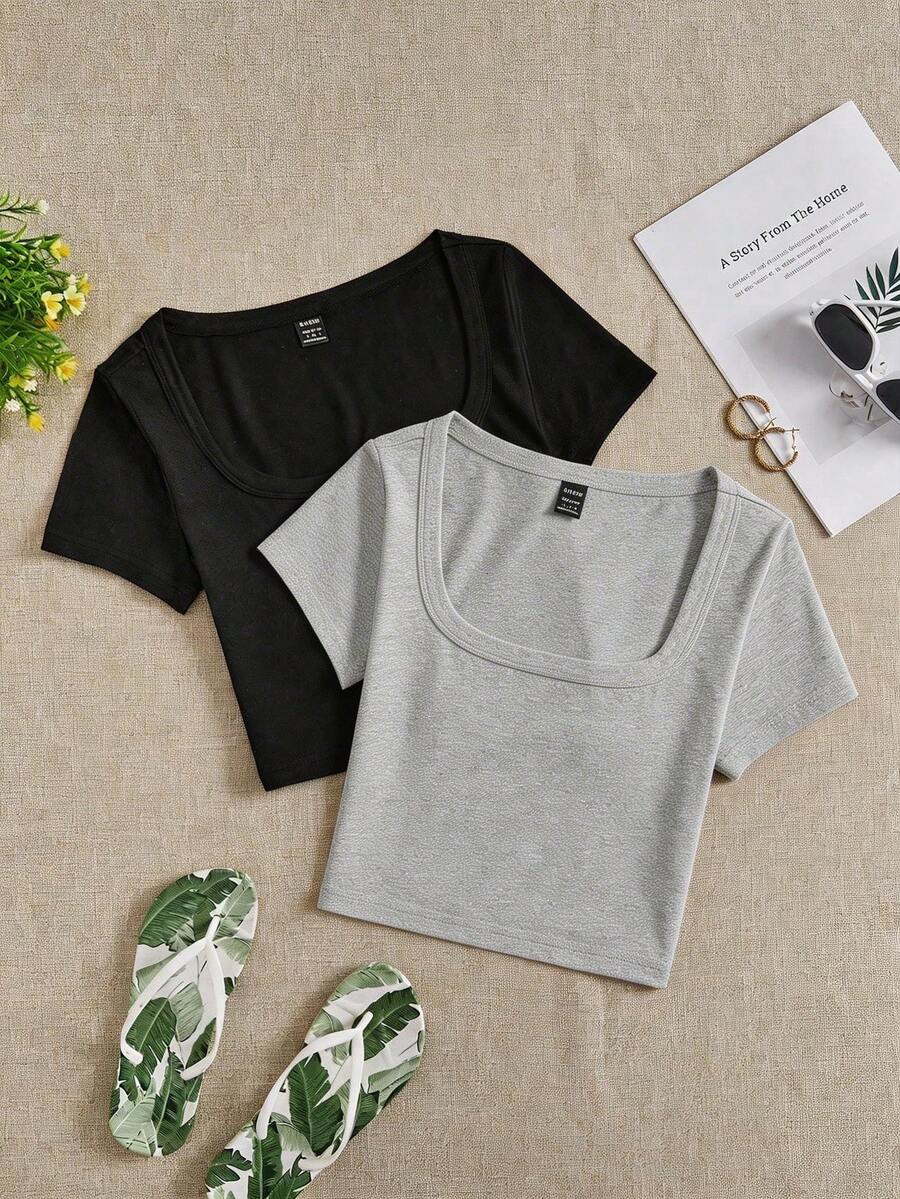 SHEIN EZwear 两件套休闲简约方领短袖修身露脐女式T恤 - 彩色 - 查看 1
