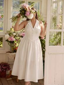 SHEIN MOD Vestido midi blanco de cuello halter talla grande, elegante para la oficina/ir al trabajo, primavera/verano - Blanco - Ver 7