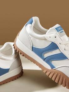 CUCCOO EASI Contrast Color Solid Preppy Casual Gym Sneakers For Women, Lace-Up Brown Patchwork Flat Casual Shoes, Retro Fashion Outdoor Sports Running Shoes - Blue - View 9