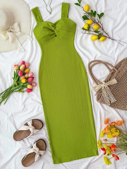 SHEIN Teen Girl Mint Green Jacquard Knit Twist Strap Fitted Dress