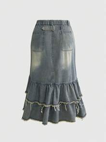 ROMWE Hippie Falda larga vintage Y2K de mezclilla desgastada y lavada con volantes de estilo de cola de sirena, talla grande - Agua verde azul - Ver 2