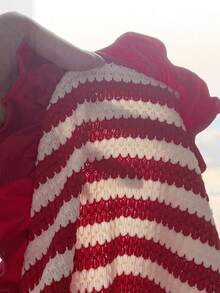 SHEIN 少女夏季宽松休闲舒适圆领无袖开襟蝴蝶结荷叶边红白条纹背心短裤套装，适合海滩、邮轮、嘉年华、复活节等场合。 - 紅白色 - 查看 7