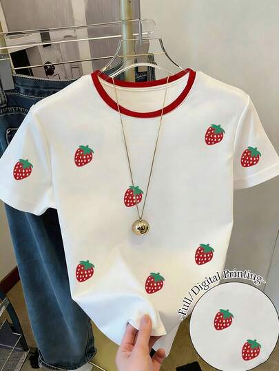 Blusa de manga corta con estampado de fresa para niñas preadolescentes, casual y cómoda para primavera/verano, moda, adecuada para actividades al aire libre, picnics, fotografía callejera, hogar, escuela, festivales, regalos