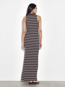 KSTM 条纹无袖纽扣长款连衣裙，深V领，前开衩设计，适合夏季休闲海滩场合 - 彩色 - 查看 2