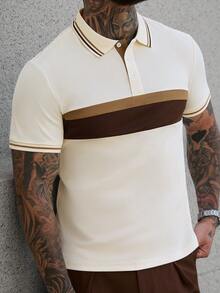 Manfinity CasualCool 男士条纹图案纽扣休闲短袖Polo衫 - 奶油色 - 查看 6