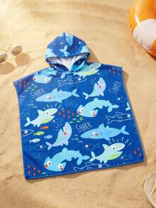Young Boys' Sleeveless Shark Print Knit Cover-Up, Cute Blue Cartoon Design, Casual Suitable For Swimming, Beach, Pool, Summer Vacation, Holiday Kids Poncho Towel Kids Swim Suit Cover Up Kids Clothing Sun Protection Kids Swim Cover Up Kids Beach Cover Up Kids Beach Towels - Blue - View 7