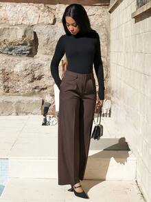 Yess Loren 直筒宽松腰西装裤，都市时尚通勤风格 - 咖啡棕 - 查看 4