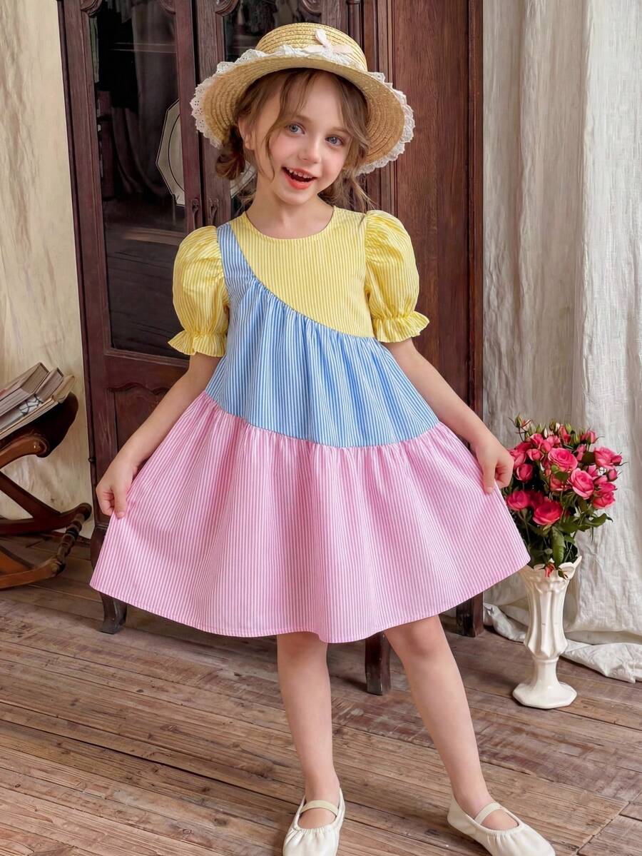 SHEIN 年轻女孩撞色编织圆领羊腿袖休闲连衣裙 - 彩色 - 查看 1