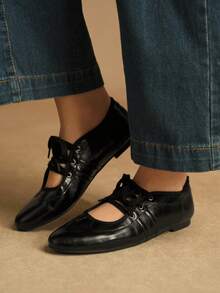 Rosivie Women's Lace-Up Design Casual Flat Shoes, Versatile For Daily Wear - Black - View 3