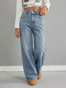 SHEIN Girls' Retro Blue Loose Low-Waist Jeans - Light Wash - View 3