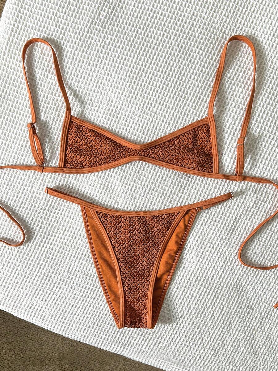 Swim Mod-D Women's Jacquard Fabric Spaghetti Strap Bikini Set, Spring/Summer - Brown - View 1