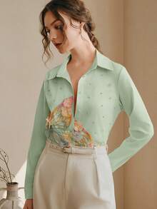 女士新款春夏长袖粉色刺绣水钻蝴蝶优雅奢华衬衫，精致上衣，粉色女士衬衫，粉色上衣 - 綠色 - 查看 4