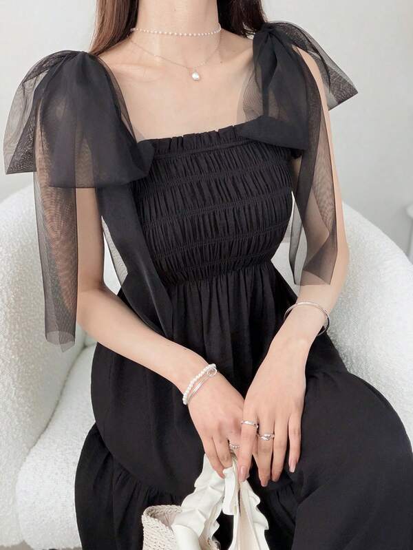 FRIFUL Women's Mesh Strap Decor Patchwork Waist A-Line Solid Color Sweet Long Dress Summer Sundress