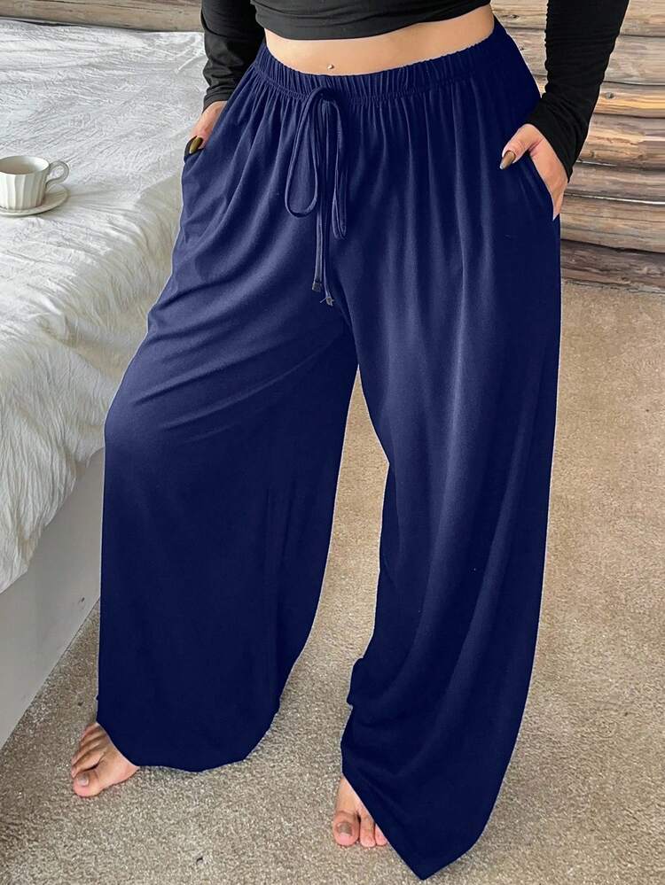 Dazy Plus Elastic Waist Loose Drawstring Straight Leg Sleepwear Bottoms, Plus Size Women Solid Color Pajamas