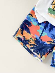 SHEIN Playful Pals 3 pièces Ensemble d'été pour bébé garçon, débardeur blanc avec imprimé lettres à la mode, short de plage avec imprimé palmiers, chapeau assorti. Convient pour les vacances à la plage, le port décontracté quotidien, les activités extérieures - Multicolore - Voir 4