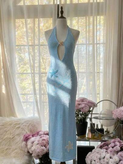 Aloruh Đầm hở lưng cổ yếm đính sequin hình sao biển dành cho nữ, thích hợp cho kỳ nghỉ biển.