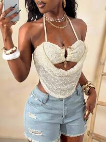 Glyssa Top de bikini sexy para vacaciones en la playa de mujer, camisa corta de punto halter sin espalda color albaricoque - Albaricoque - Ver 5