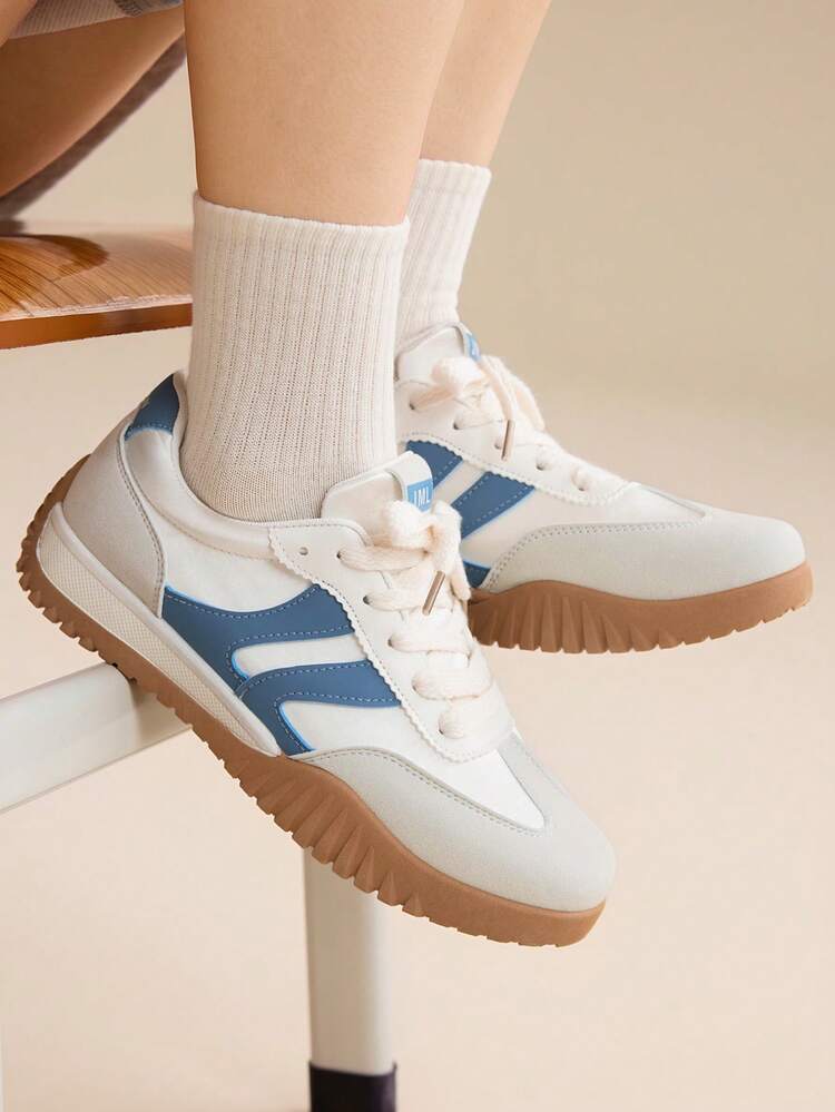 CUCCOO EASI Contrast Color Solid Preppy Casual Gym Sneakers For Women, Lace-Up Brown Patchwork Flat Casual Shoes, Retro Fashion Outdoor Sports Running Shoes