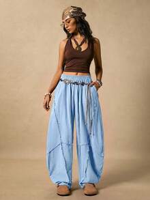 Easelle 复古西部波西米亚风休闲蓝色弯刀设计女裤，边缘切割设计，适合春夏穿着 - 藍色 - 查看 5