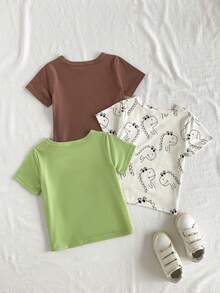 SHEIN Playful Pals Toddler Casual Dinosaur Pattern Knitted 3 Pieces Set , Short Sleeve T-Shirt, Spring/Summer - Multicolor - View 2