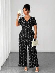 SHEIN Elenzya Plus Size V-Neck Butterfly Print Jumpsuit - Black - View 6