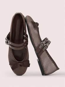 CUCCOO DOLLMOD Zapatos planos de mujer con puntera redonda, malla, lazo y ojetes metálicos, de dos correas, casuales, para ir y venir, básicos, para vacaciones - Marrón - Ver 2