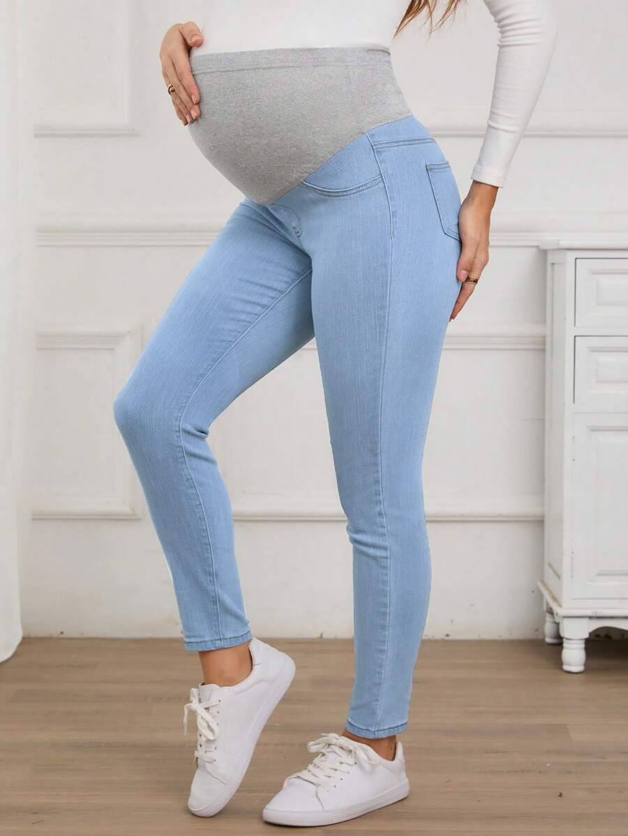 SHEIN Maternity Solid Color Casual Jeans - Light Wash - View 1
